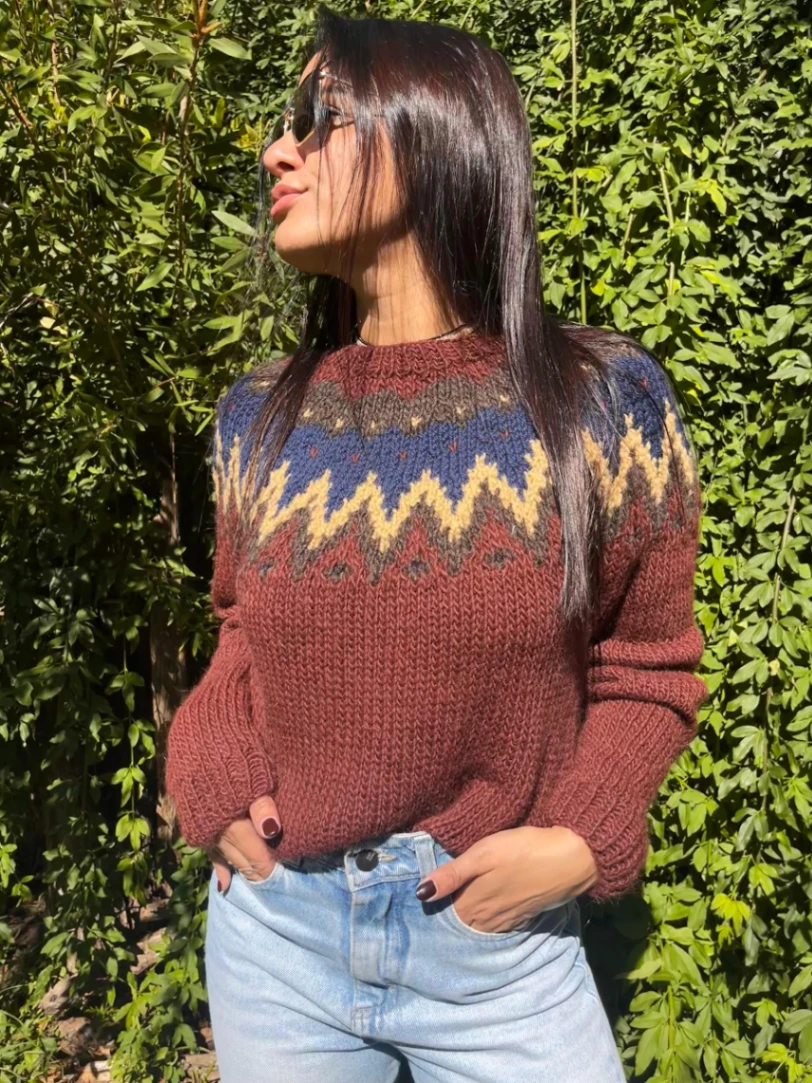 Burgundy base llama fibre sweater. 1